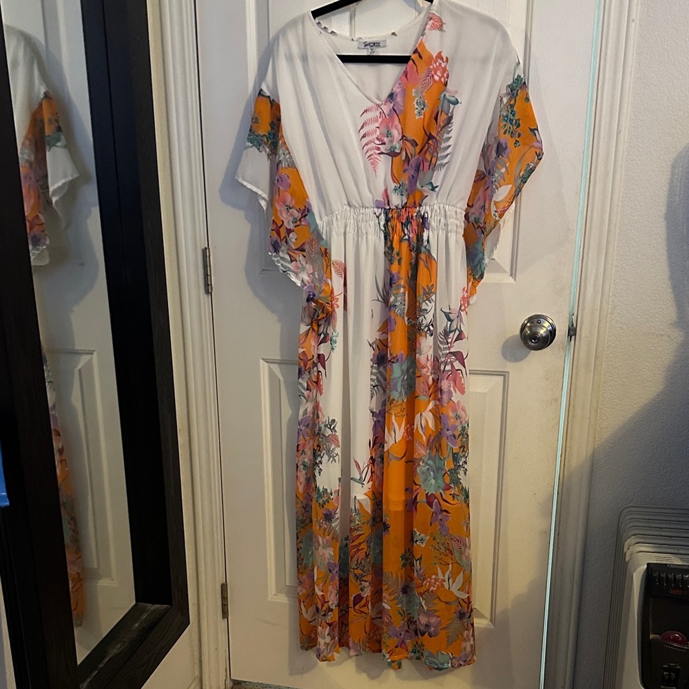 Vibrant Floral Maxi Dress in Orange and White
